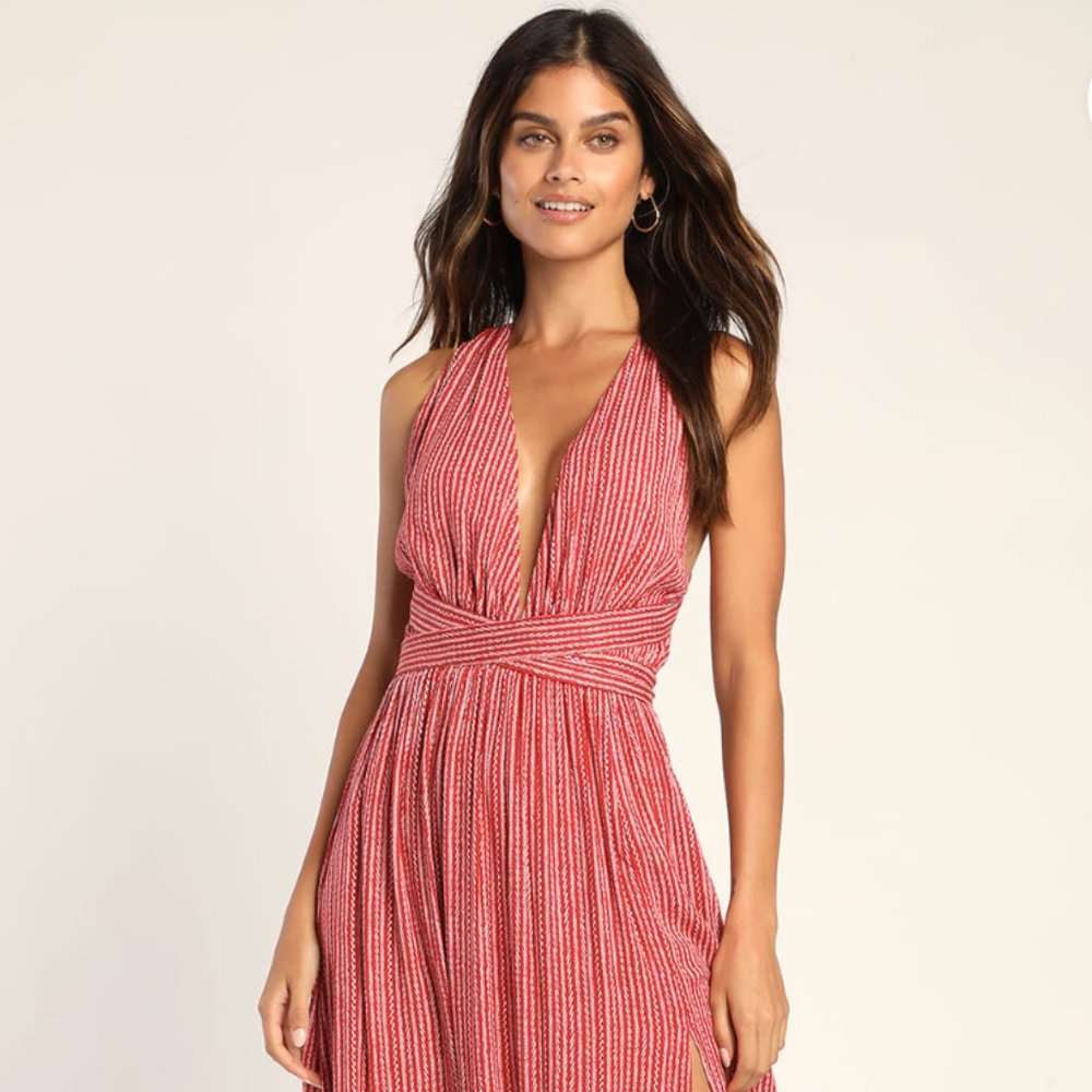 Lulus Red and White Print Maxi Dress NWT